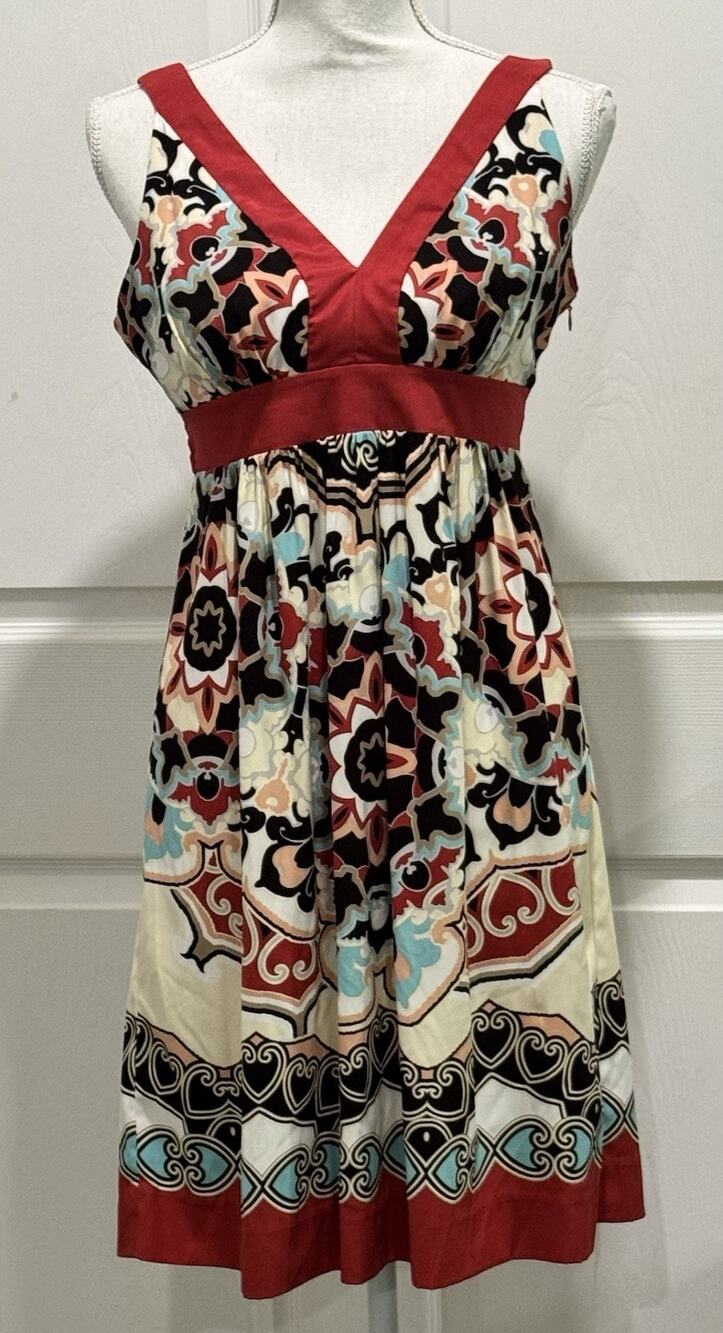 Trulli Sleeveless V Neck Dress Size 6P Red Cream Floral Black Print Tie Waist
